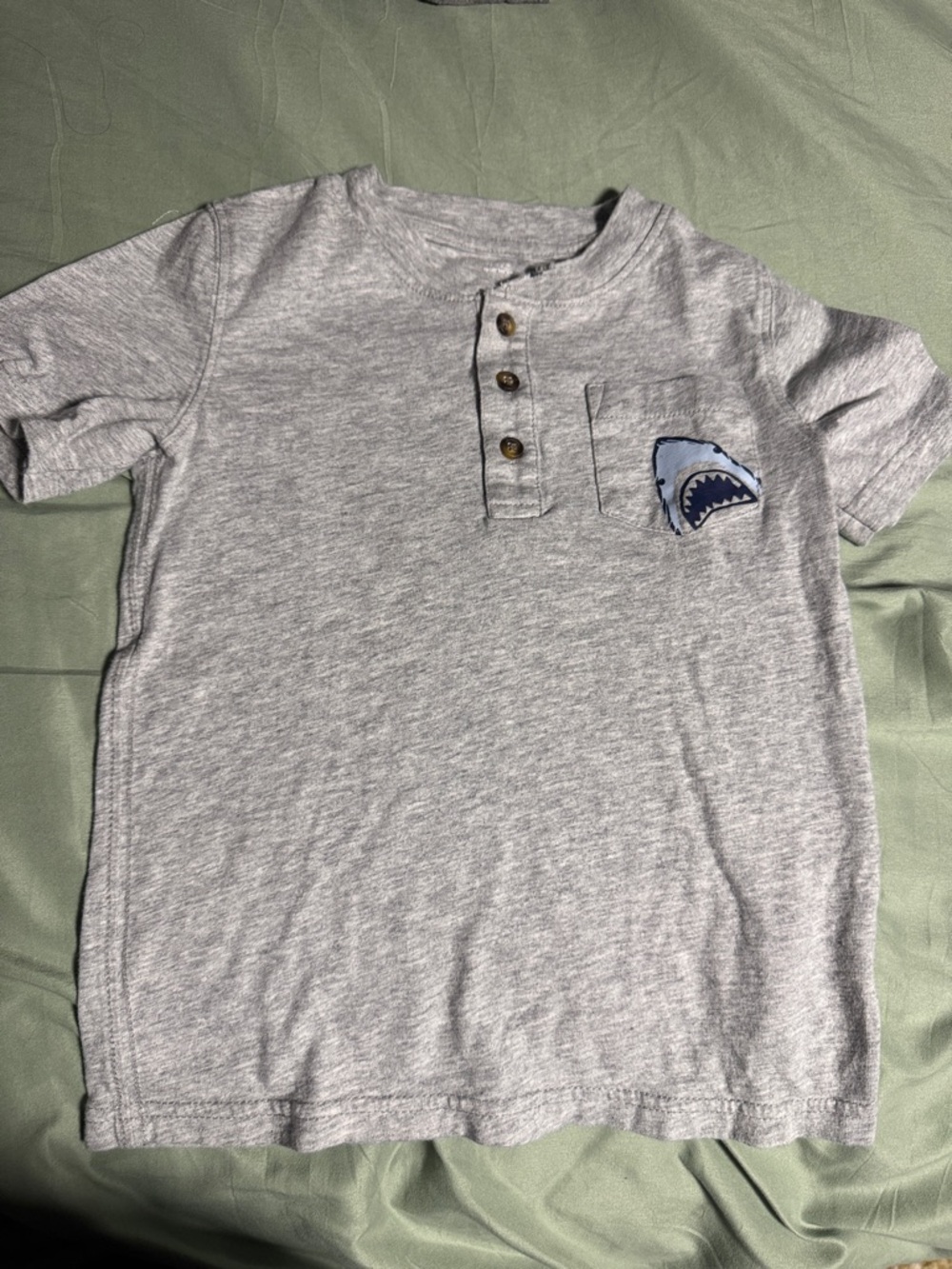 Carter's Gray Short Sleeve Henley with Blue Shark Patch